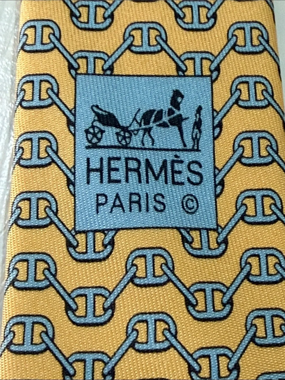 Hermes Paris Silk Neck Tie with Logo Yellow & Blue Chains made in France